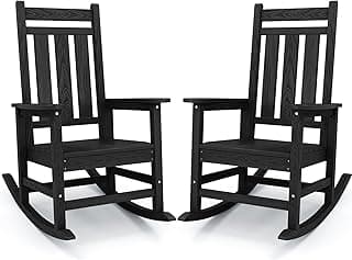 KINGYES Outdoor Patio Rocking Chair Set of 2, Weather Resistant Oversized Porch Rocker, High Back Outdoor Rocking Chair for Adult, Porch Rocker with 380Lbs Support- Black