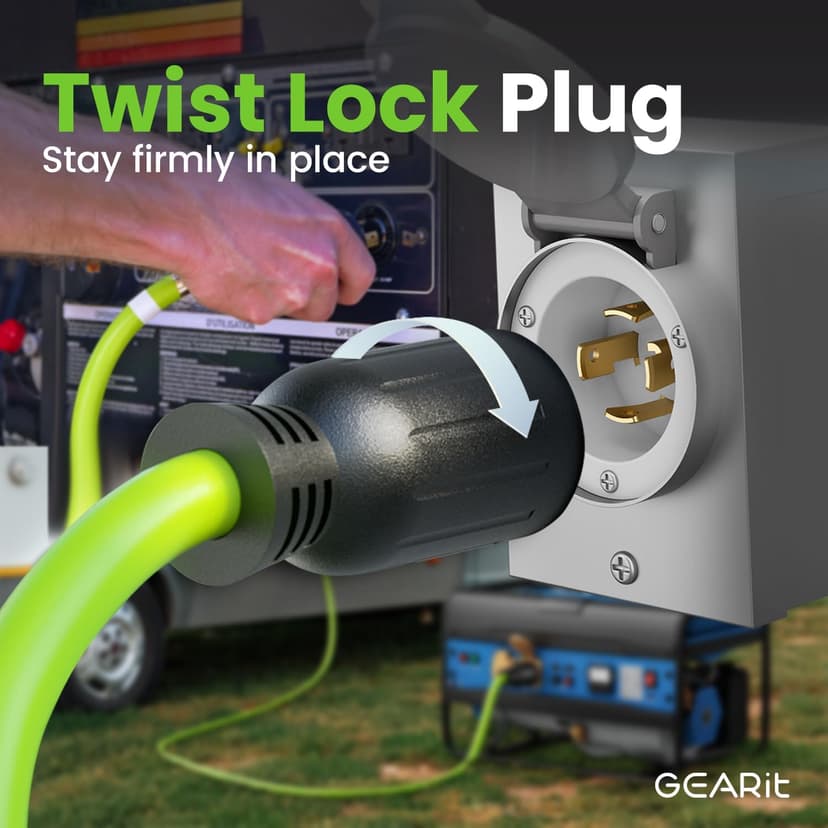 GEARit 30-Amp Generator Extension Cord, 120/250-Volt, 4-Prong, 7500W, NEMA L14-30P/L L14-30R, 10 Gauge SJTW Locking Power Cord for Manual Transfer Switch, Portable Generator, Power Outage, 6 Ft, Green