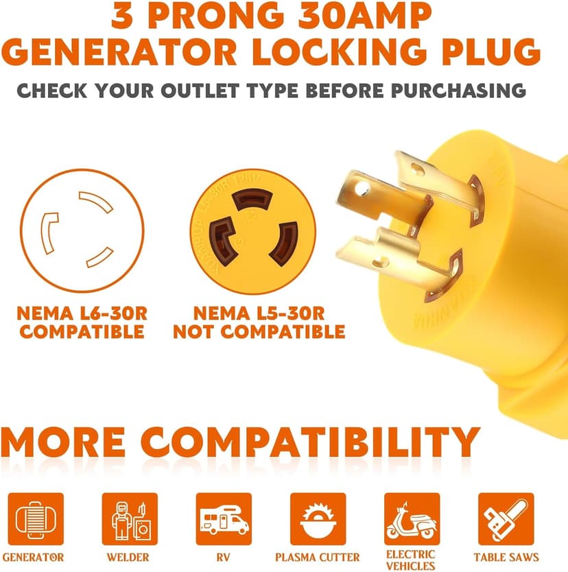 Kanayu Generator Welder Adapter Compatible with Nema L6-30P to 6-50R 3 Prong 30 Amp Locking Male Plug to 50 Amp Female Receptacle Adapter Generator RV EV Charger Power Cord Connector