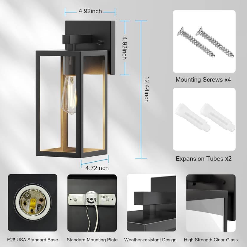 Porch Wall Lights Outdoor, Waterproof Lanterns with Frame and Clear Glass Shade, Exterior Front Porch Light Matte Black Wall Sconce, Modern Mounted Lighting for Patio Entryway Hallway