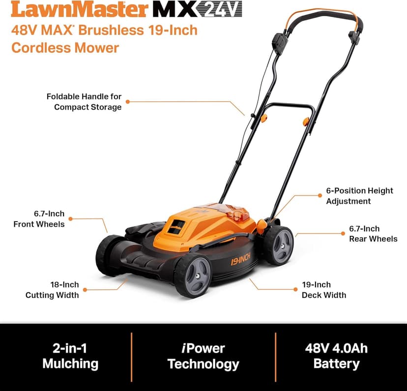 LawnMaster CLMF4819X 48V MAX* 19-inch Brushless Cordless Mower with 2X24V MAX* 4.0Ah Battery and a Dual Charger 6 Cutting Position