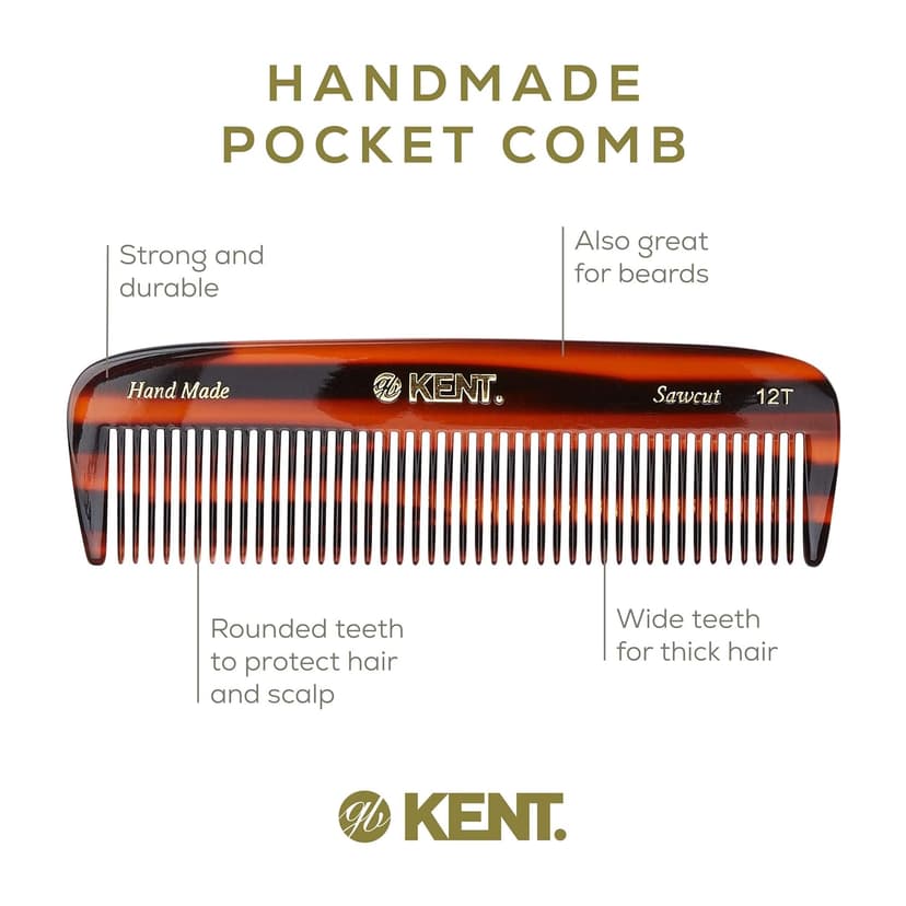 KENT 12T Wide Tooth Detangling Comb - 5.5" Handmade Pocket Comb for Thick, Curly, and Wavy Hair, Large Tooth Grooming Comb for Hair, Beard, and Mustache - Saw-Cut and Hand Polished