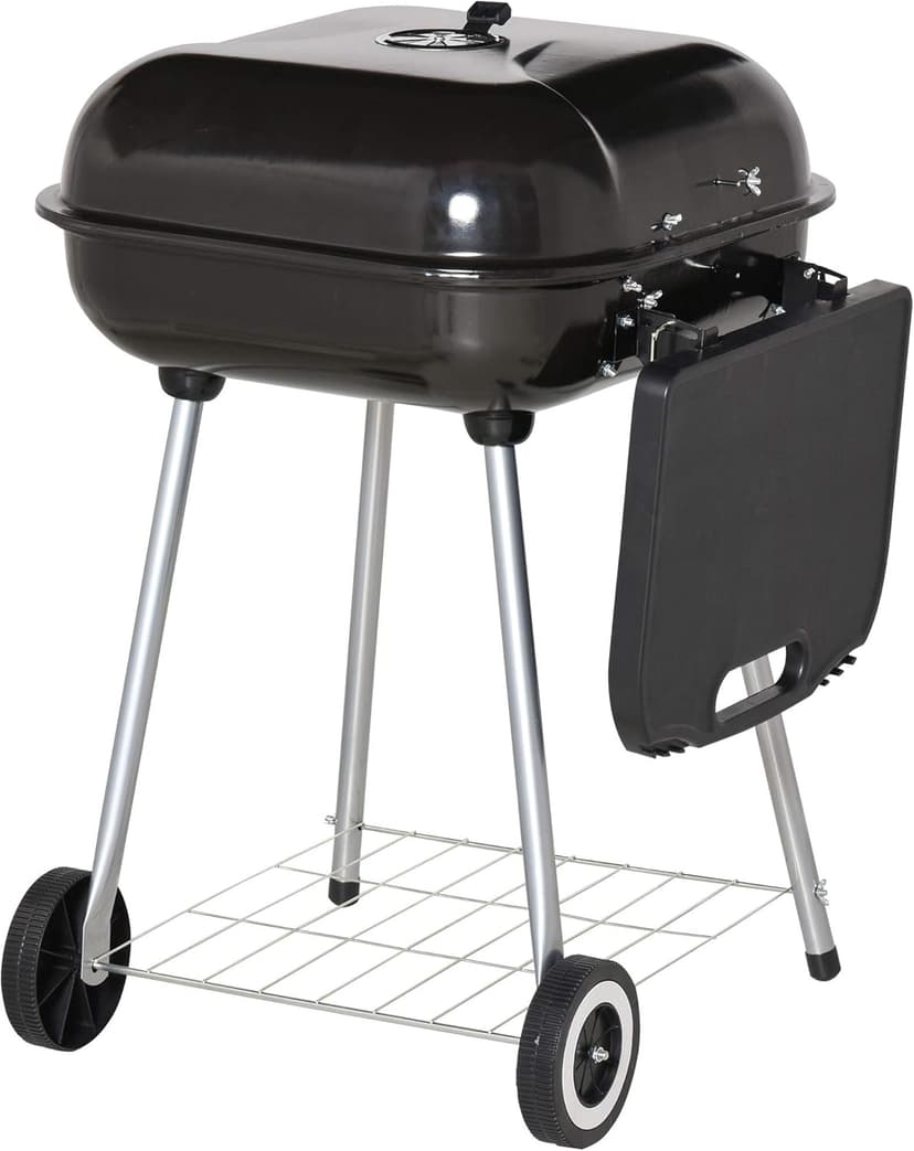 Outsunny Portable Charcoal Grill with Foldable Side Shelf and Bottom Shelf, BBQ Smoker with Wheels and Adjustable Vents on Lid for Picnic Camping Backyard Cooking, Black