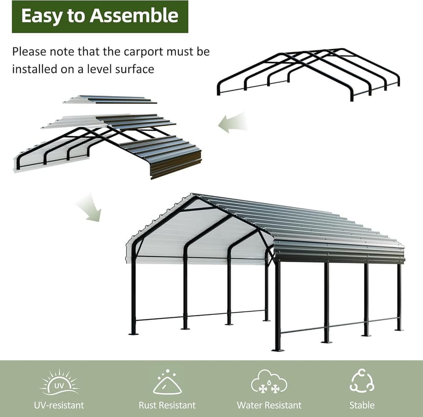 JAMFLY 12X15 FT Carport, Heavy Duty Carport Canopy with Galvanized Steel Roof and Frame, Metal Carport Upgraded Extra Large Garage for Pickup, Boat, Car and Tractors