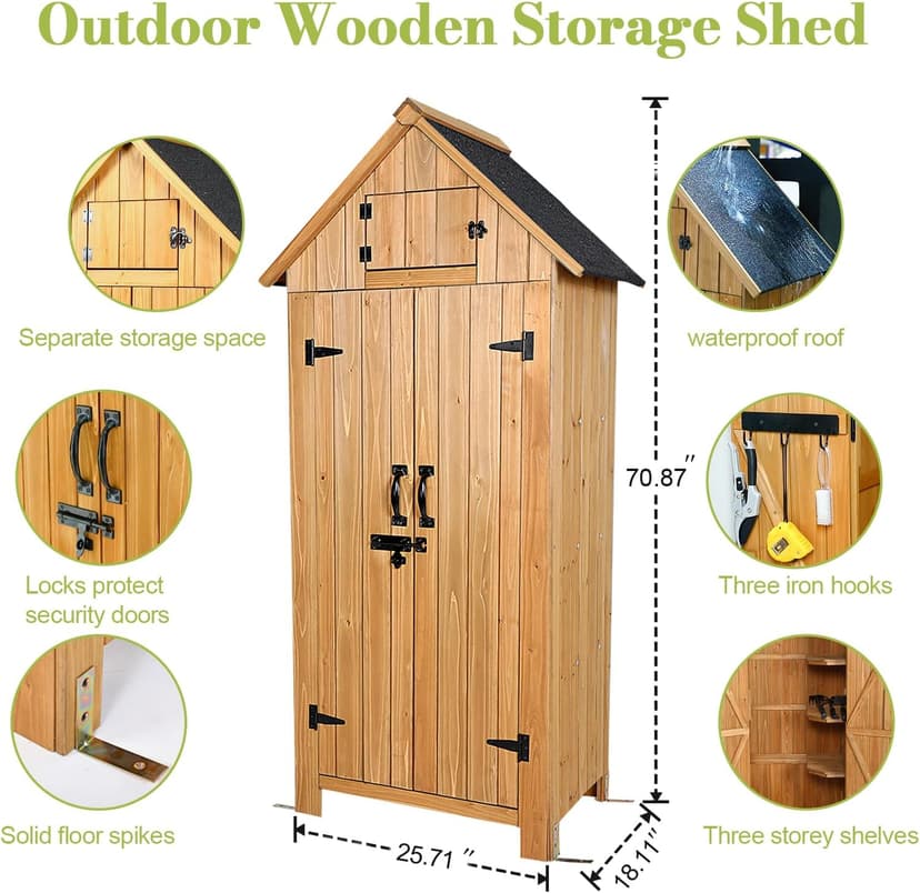 Wooden Outdoor Storage Shed with Double Doors,70” Tall Waterproof Storage Shed with Lock,Sheds & Outdoor Storage with Windproof Tipping for Deck,Backyard Garden and Yard