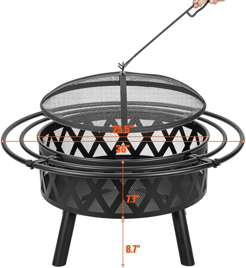 36 Inch Wood Burning Fire Pit with 2 Loops, Outdoor Fire Pit with Spark Screen & Fire Poker, Cross Weave Firepit for Outside Fireplace Bonfire for Yard,Patio, Garden…