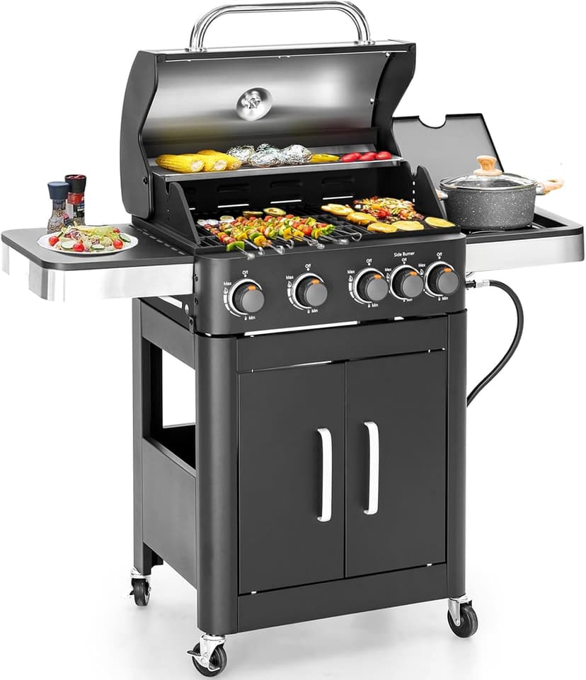 2 in 1 Propane Gas BBQ Grill with Side Burner & Porcelain-Enameled Cast Iron Grate, 4-Burner Flat Top Grill, 46,700 BTU Outdoor Barbecue Propane Griddle Grill Combo for Camping, Patio, Backyard