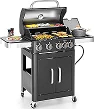 2 in 1 Propane Gas BBQ Grill with Side Burner & Porcelain-Enameled Cast Iron Grate, 4-Burner Flat Top Grill, 46,700 BTU Outdoor Barbecue Propane Griddle Grill Combo for Camping, Patio, Backyard