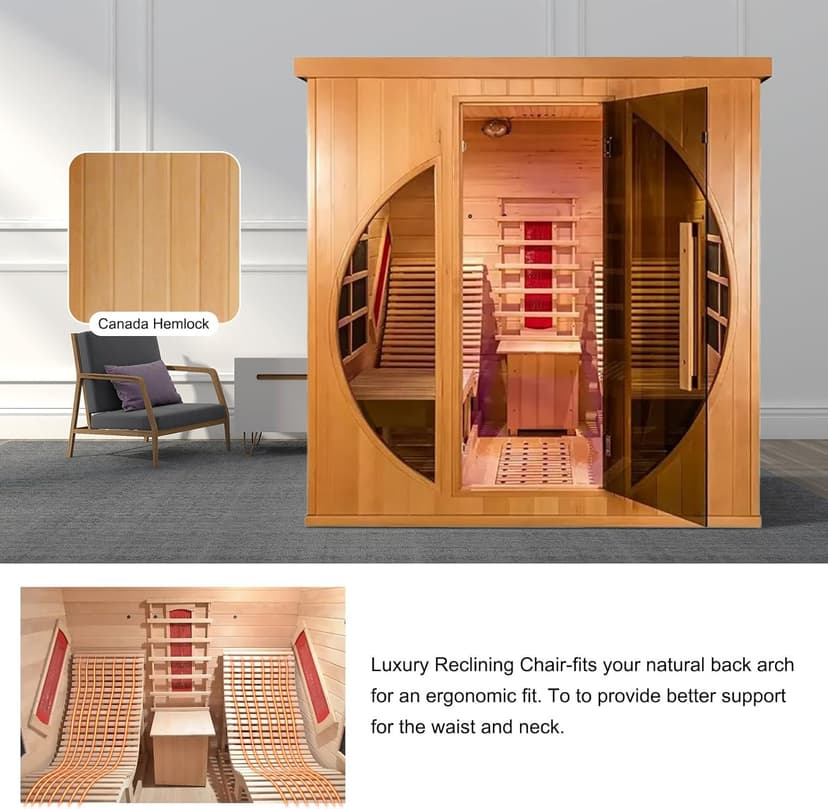 ZONEMEL Far Infrared 2 Person Wooden Sauna Room with Recliner, Red Cedar Luxury Indoor Sauna with 10 Heating Panels, Oxygen Bar, 3400 Watt, Infrared Therapy Wood Dry Heat Sauna, 220V