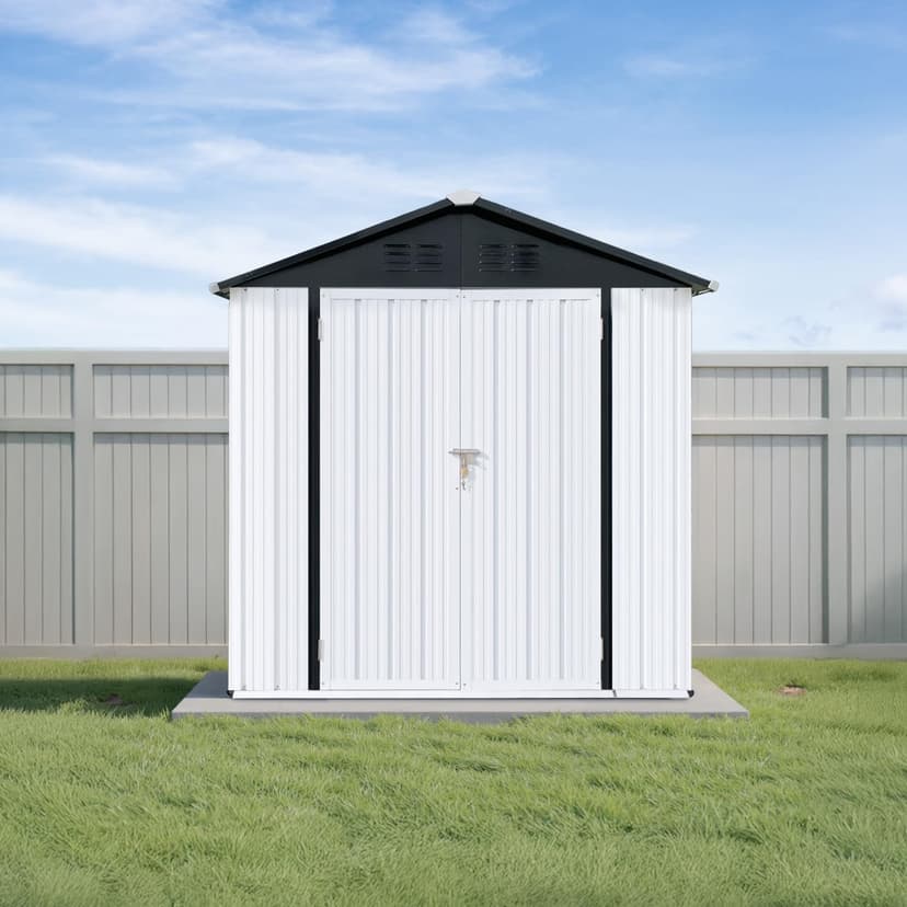 6x4 Ft Storage Shed with Floor, Permanent Steel Building with Lockable Doors & Air Vent for Backyard Garden Patio Lawn - White+Black