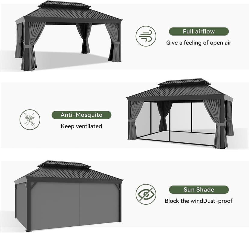 Aoxun 12' X 16' Permanent Hardtop Gazebo Aluminum Gazebo with Galvanized Steel Double Roof for Patio Lawn and Garden, Curtains and Netting Included, Grey