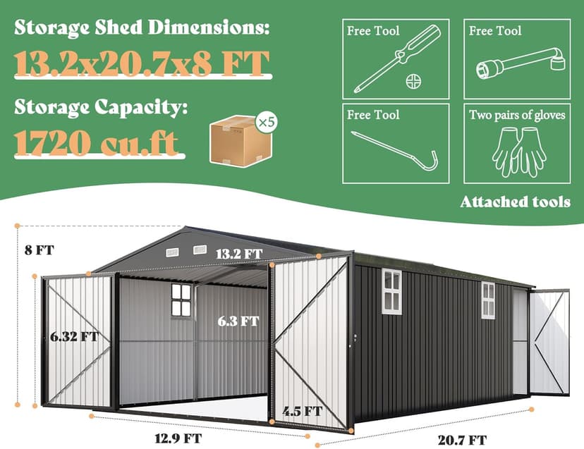 AMERLIFE 13.2x21x8 FT Outdoor Storage Shed, Huge Metal Garage Shed with 2 Double Hinged 4 Windows and Doors, Carport for Car, Truck, Bike, Garbage Can and Lawnmower, Dark Grey