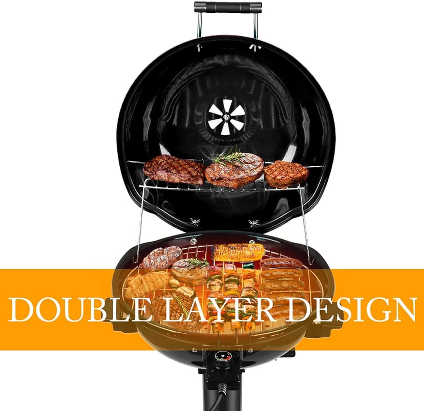 Electric BBQ Grill Techwood 15-Serving Indoor/Outdoor Electric Grill for Indoor & Outdoor Use, Double Layer Design, Portable Removable Stand Grill, 1600W (Stand Black BBQ Grills)