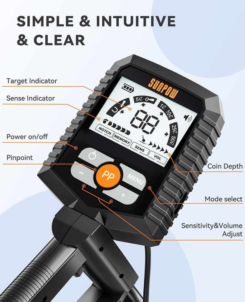 SUNPOW Metal Detector for Adults & Kids, Kids Metal Detector Waterproof for Gold Detecting, Stable Anti-Interference, Higher Accuracy, Bigger LCD Display, 4 Modes, IP68 Search Coil, OT-MD13