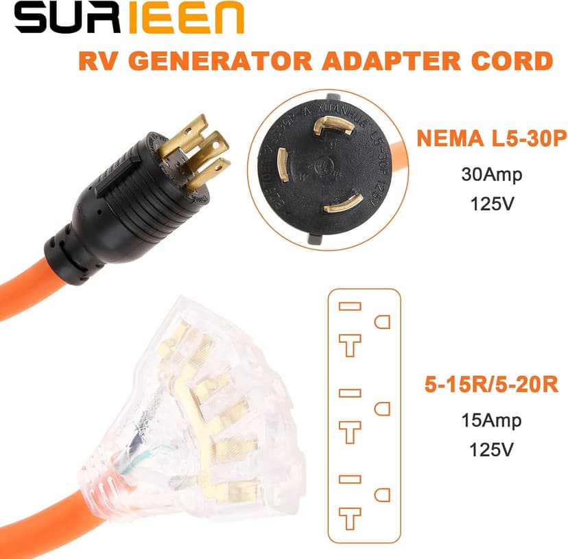 30Amp to 20Amp 110V Generator Adapter Cord, 3 Prong NEMA L5-30P to 5-20R/5-15R Generator Adapter Distribution Locking Cord with Lighted Power Indicator, STW 10 AGW, 1.5FT, ETL Listed