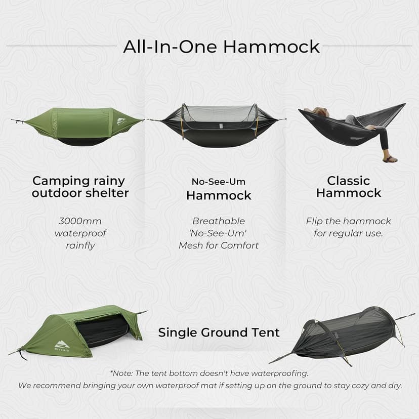 Camping Hammock Tent with Mosquito Net & RainFly, 3 in 1 Waterproof Lightweight Portable Sleeping Hammock Bug, Travel Outdoor Gear with Tree Strap Swing, for Hiking Patio Expedition