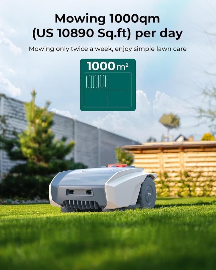 Robot Lawn Mower with GPS Navigation & 200m Boundary Wire, Mows Up to 1000qm per Day, Mowing Map & Schedule, Grid Shaped Mowing Path, Custom Mowing, GPS Anti-Theft, IPX5