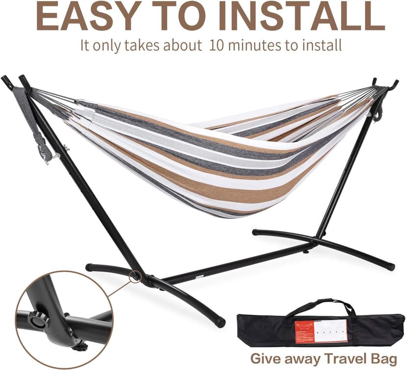 PNAEUT Double Hammock with Space Saving Steel Stand Included 2 Person Heavy Duty Outside Garden Yard Outdoor 450lb Capacity 2 People Standing Hammocks and Portable Carrying Bag (Coffee)