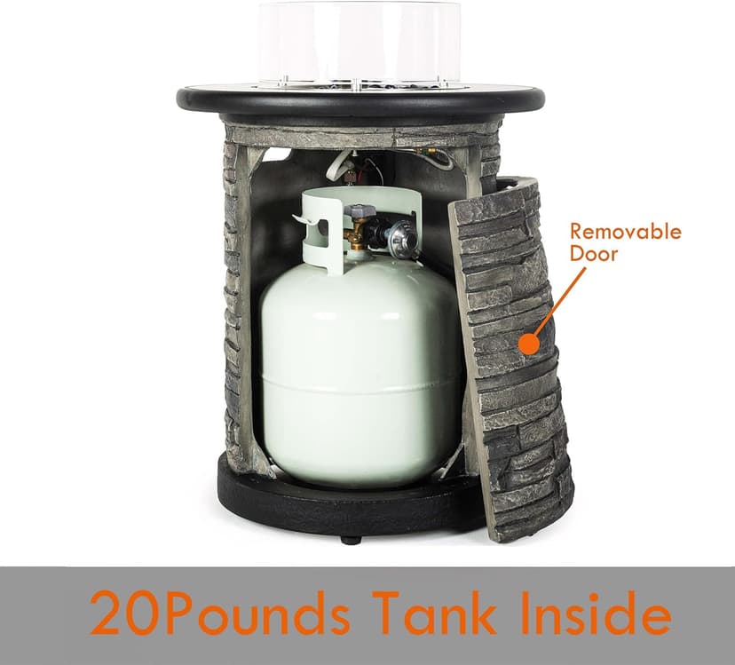 Outdoor Gas Propane Fire Pit Table, Round Porcelain Tile Top 22" Fire Bowl Column W/ 40,000 BTU Firepit Table Auto-Ignition 400D Cover Glass Rocks for Outside Patio