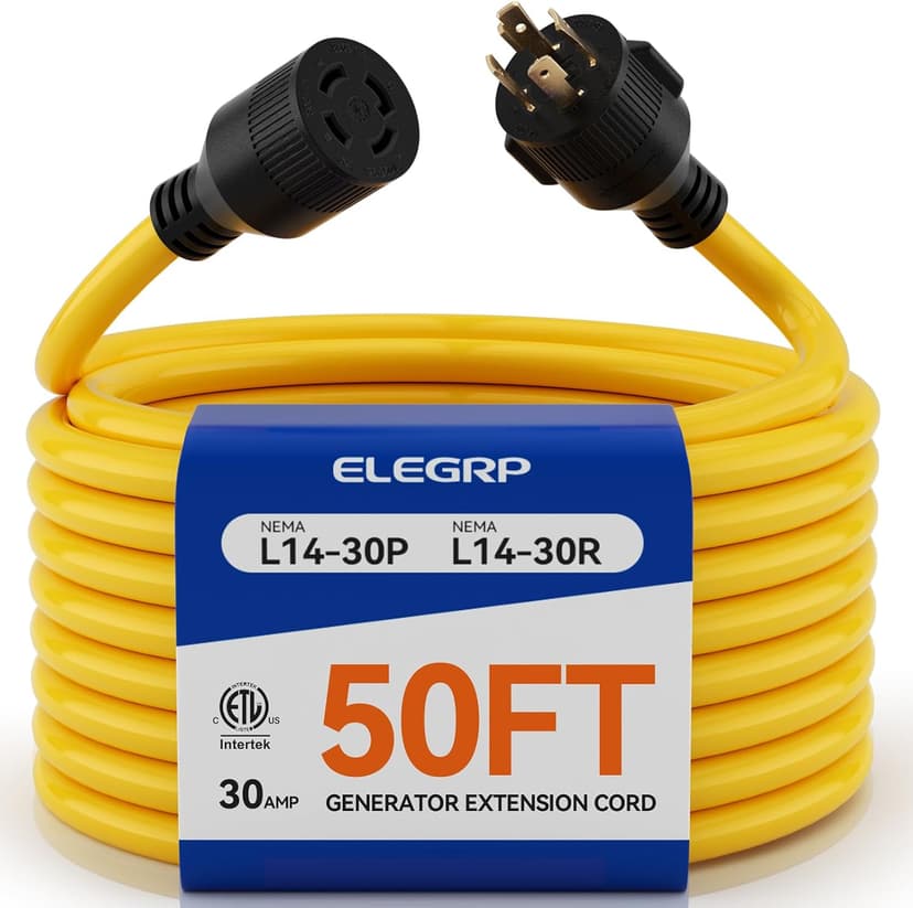 ELEGRP 30 Amp Generator Extension Cord 50 Feet, 4-Prong NEMA L14-30P to L14-30R, 120/250V Up to 75000W, 10 Gauge Heavy Duty SJTW Locking Power Cord for Portable Generators, Home Backup, ETL Listed