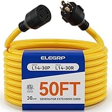 ELEGRP 30 Amp Generator Extension Cord 50 Feet, 4-Prong NEMA L14-30P to L14-30R, 120/250V Up to 75000W, 10 Gauge Heavy Duty SJTW Locking Power Cord for Portable Generators, Home Backup, ETL Listed