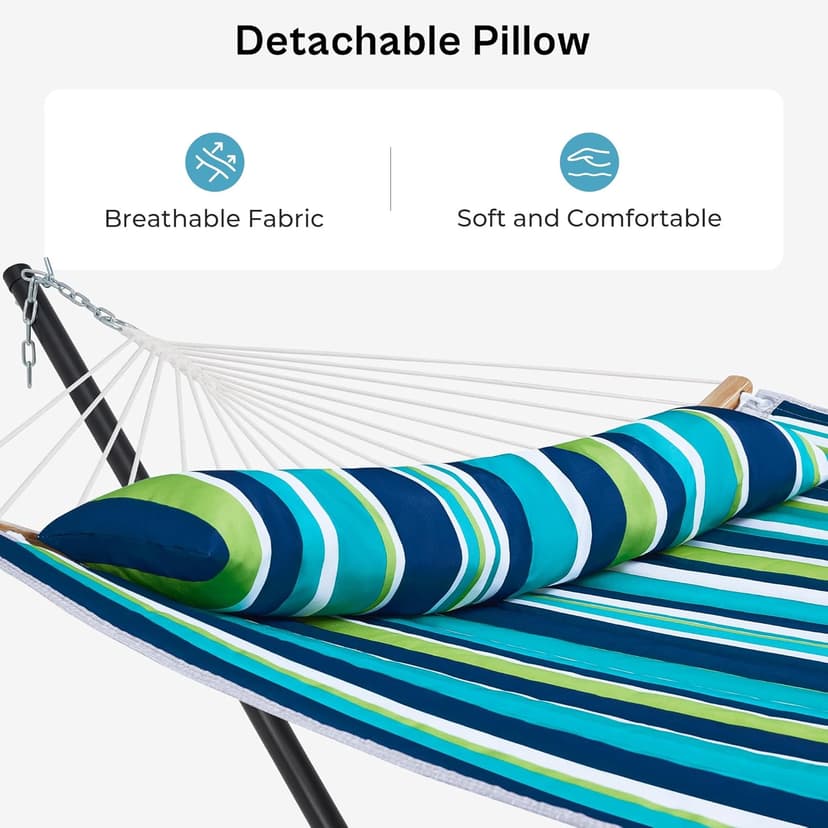 SUPERJARE Hammock with Stand, 2 Person Heavy Duty Hammock with Padded Cotton, Detachable Pillow & Strong Curved-Bar & Portable Carrying Bag, Perfect for Outdoor & Indoor - Dark Cyan