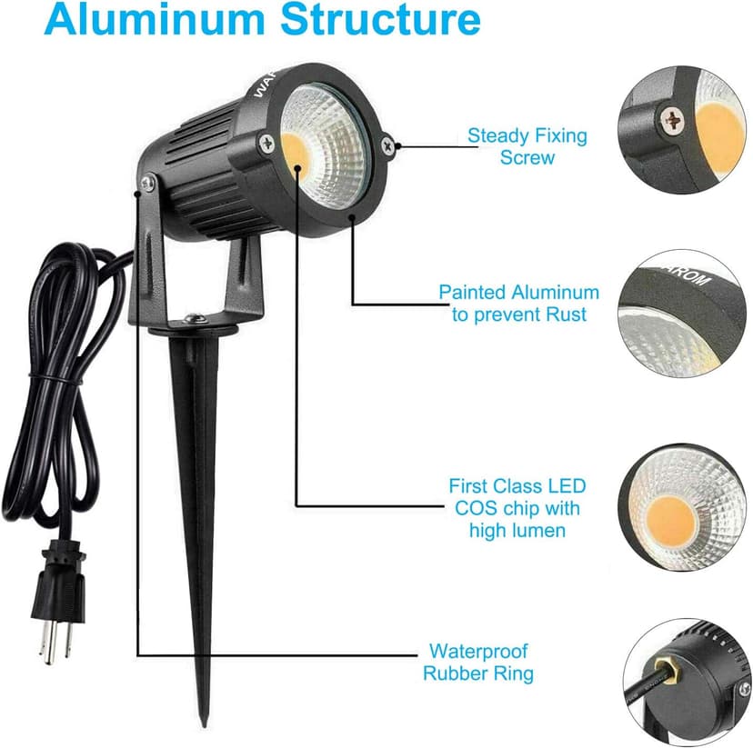 Landscape Outdoor,IP65 Waterproof Garden Spotlights,5W AC 120V Yard Flood Light,Metal Ground Stake Lawn,3200K LED Spotlight with 1.5M UL-Listed Cord and 3-Plug (2 Packs)