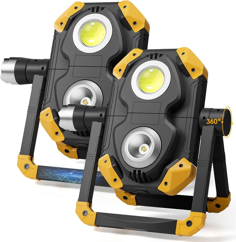 Samyoung 2 Pack Magnetic 2000 LM LED Work Light, 10 Hours Long Lasting 360°Rotating 7000K Warm Rechargeable Work Light Folding Waterproof for Job Site Car Inspection Camping Emergency