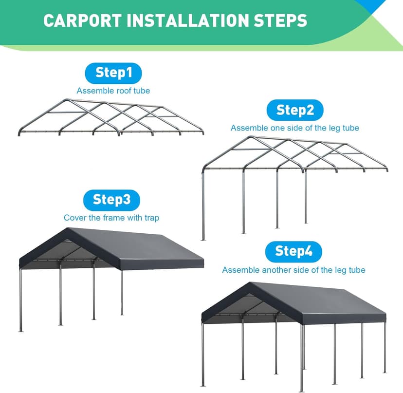 12x20 Ft Heavy Duty Carport, Portable Garage with Doors, Ventilated Windows, Waterproof and UV Resistant Carport Canopy for Cars, Boats, Suvs, Gray