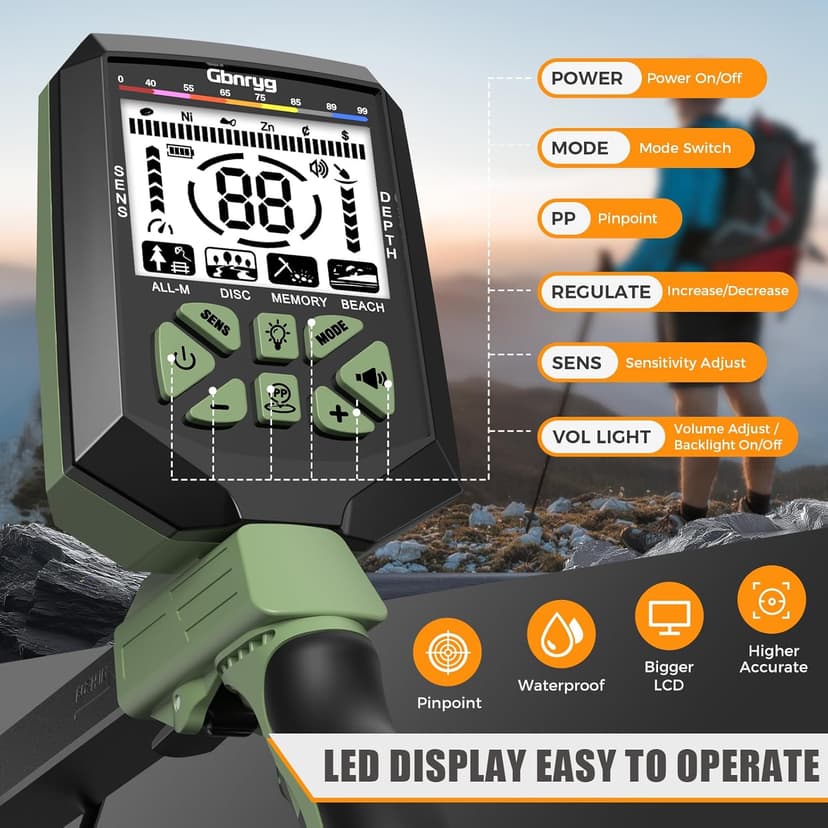 Metal Detector for Adults,12" IP68 Waterproof Search Coil with High Accuracy System,Advanced DSP Chip Technology,5 Modes with LCD Backlit Display for Beach Hunting&Jewelry Finding