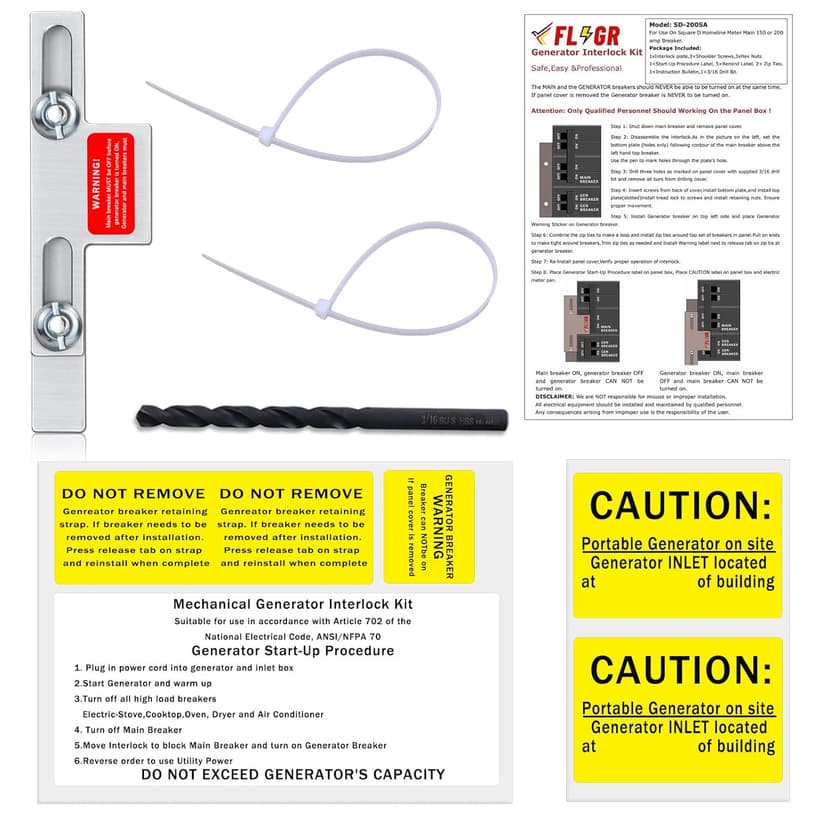 Generator Interlock Kit Compatible with Square D for Homeline Meter Main 150 or 200 amp Breaker,for Safe Usage of Portable Power During Outage,SD-200SA