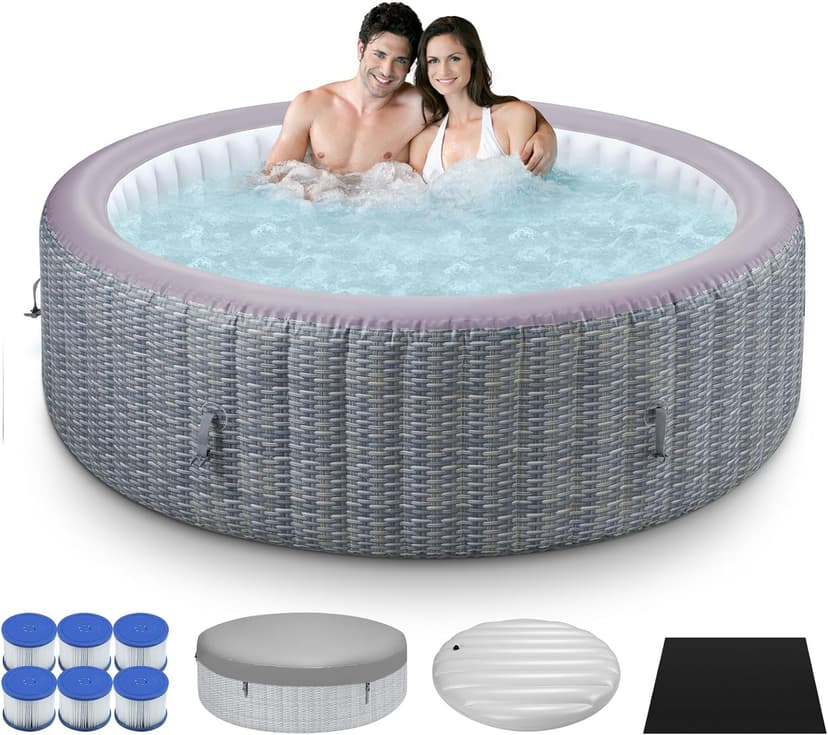 82" Inflatable Hot Tub with 130 Bubble Jets, Rattan Portable Outdoor Spa for 4-6 Adults, Smart Heating up to 104°F, Build in FastFill System, 6 Replaceable Filters (Round Laminated PVC)