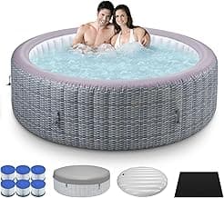 82" Inflatable Hot Tub with 130 Bubble Jets, Rattan Portable Outdoor Spa for 4-6 Adults, Smart Heating up to 104°F, Build in FastFill System, 6 Replaceable Filters (Round Laminated PVC)