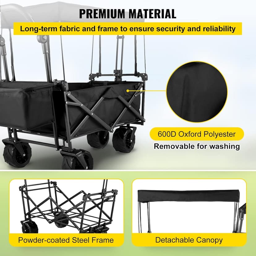 Happbuy Extra Large Collapsible Garden Cart with Removable Canopy, Folding Wagon Utility Carts with Wheels and Rear Storage, Wagon Cart for Garden, Camping, Grocery Cart, Shopping Cart, Black