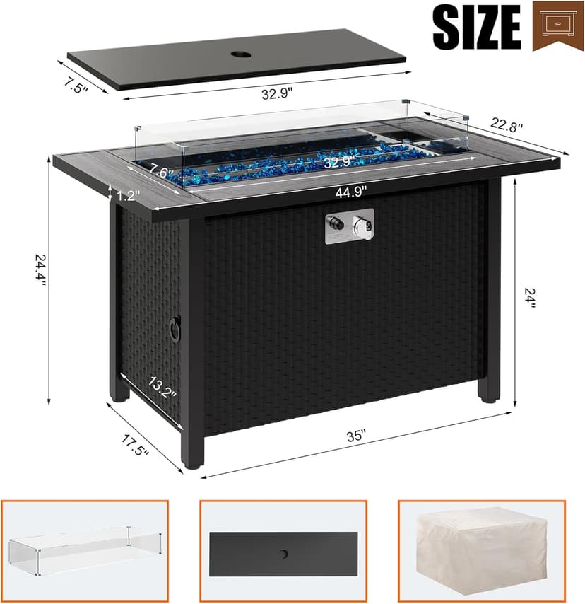 Walsunny 45 inch Outdoor Propane Fire Pit 50,000 BTU Gas Fire Pit Table with Lid, Glass Wind Guard, Waterproof Cover, Rectangle Gas Firepit Table for Garden/Patio, CSA Certification