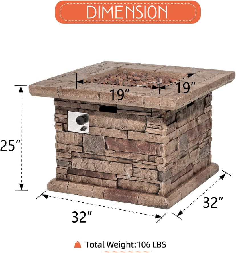 HOMPUS Outdoor Propane Fire Pit Table 32-inch Imitation Stone Square Concrete Propane Fire Pit with Lava Rocks and Rain Cover 50,000 BTU Gas Smokeless Fire Pits for Outside Patio,Garden, CSA Certified