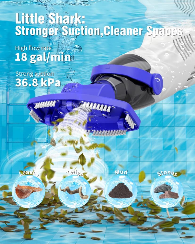 Little Shark Pool Vacuum for Above Ground Pool, Hot Tub Vacuum with a 60w Motor,18 Gal/Min Powerful Suction, Pool Vacuum with 5000mAh Battery, 1h Running Time