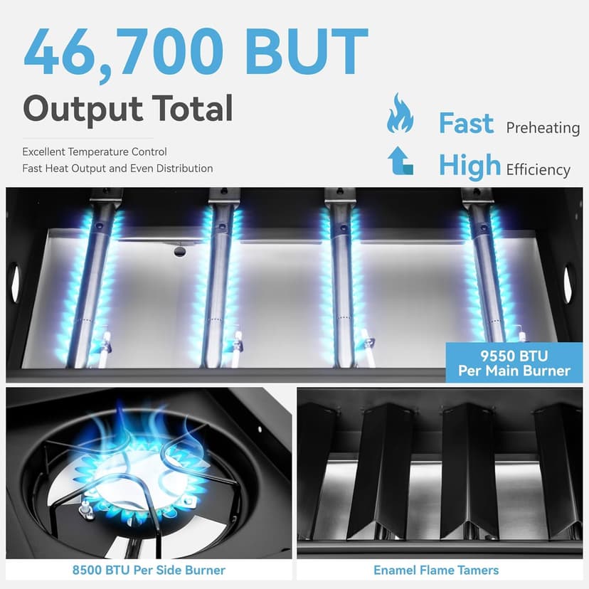 2 in 1 Propane Gas BBQ Grill with Side Burner & Porcelain-Enameled Cast Iron Grate, 4-Burner Flat Top Grill, 46,700 BTU Outdoor Barbecue Propane Griddle Grill Combo for Camping, Patio, Backyard