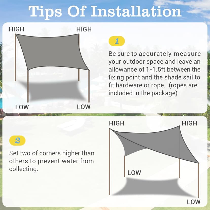 HappyTrends Sun Shade Sail,Heavy Duty UV Protection Beach Shade Canopy Wind sail,Tear and Rust Resistant Patio sail Shade for Yard Deck Lawn Garden Rectangle Sunshade(12'x 12',Grey)
