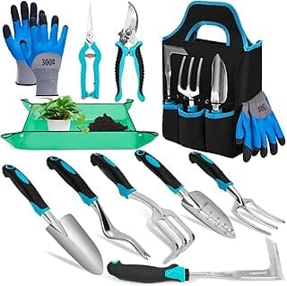 Garden Tool Set with Non Slip Rubber Grip,11 Piece Stainless Steel Gardening Tool Sets,Heavy Duty Outdoor Hand Tools Kit,Durable Tote Bag,Repotting mat,Uprooting Weeding Tool,Ideal Gifts Blue