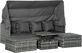 Outsunny 4 Piece Patio Furniture Set with Cushions, PE Rattan Daybed with Retractable Canopy, Outdoor Sectional Sofa Set with Adjustable Backrest, Height Adjustable Coffee Table, Gray