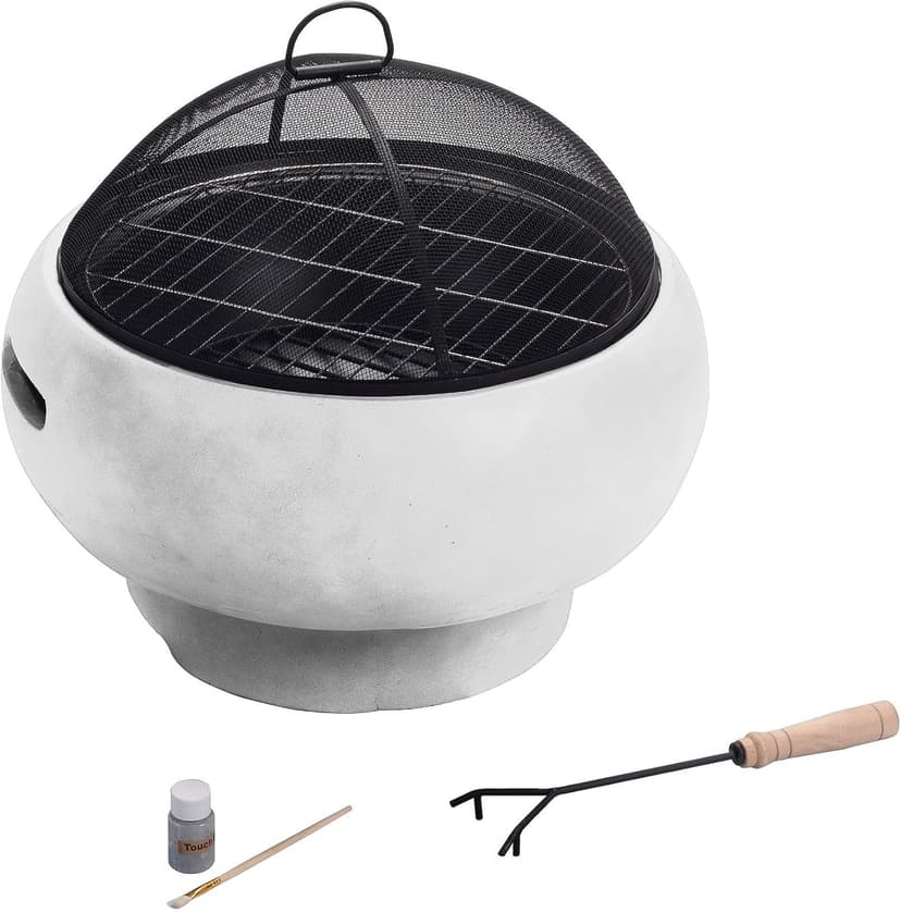 Teamson Home MGO Light Concrete Round Charcoal and Wood Burning Fire Pit for Outdoor Patio Garden Backyard with Spark Screen, Fireplace Poker, Grate, and BBQ Grill, Light Gray