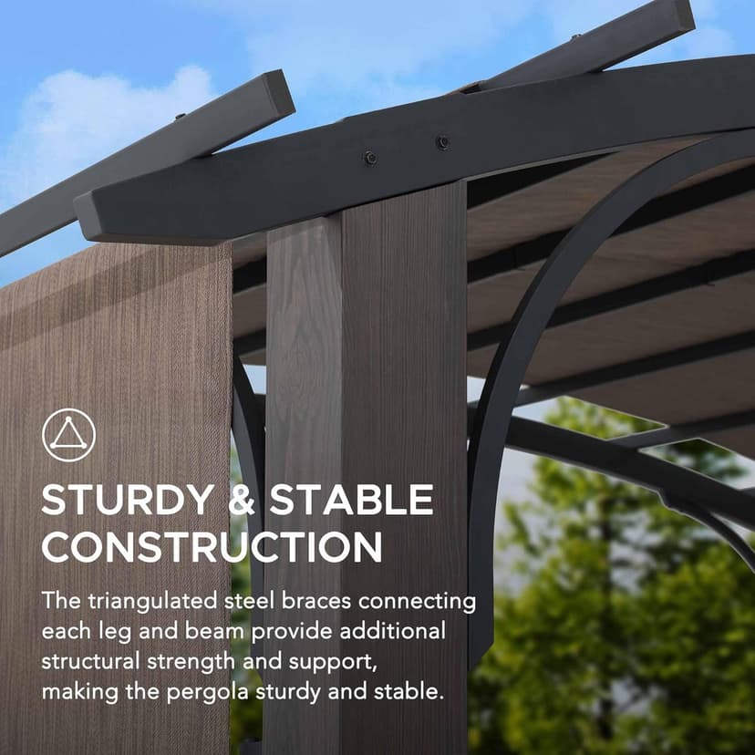 Sunjoy 10’ x 12’ Pergola, Outdoor Steel Arched Pergola with Adjustable Canopy and Natural Woodgrain Metal Posts for Patio, Backyard, and Garden, Tan…