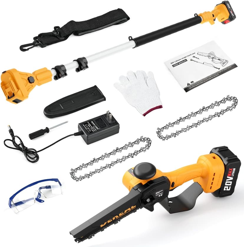 2-in-1 Cordless Pole Saw, Brushless Mini Chainsaw with Pole, 20V 4.0Ah Battery Powered Pole Saws for Tree Trimming, 8" Cutting Power Small Pole Saw, 18ft Reach Electric Saw for Trees With Pole