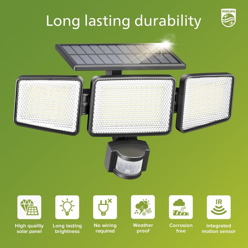 Philips Solar Security Light Outdoor 302 LED 1200lm，Solar-Powered Waterproof Wall-Mounted Flood Light w/PIR Motion Sensor, 3 Heads, IP65 Waterproof, 3 Modes (2 Packs)