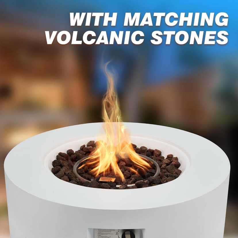 ECOTOUGE 2-Piece 30 Inch Round Outdoor Propane Firepit Table Set with Tank Table, 50,000 BTU Steel Gas Fire Table, Auto-Ignition Concrete Fire Pit w/Weather-Resistant Pit Cover, Lava Rocks, White