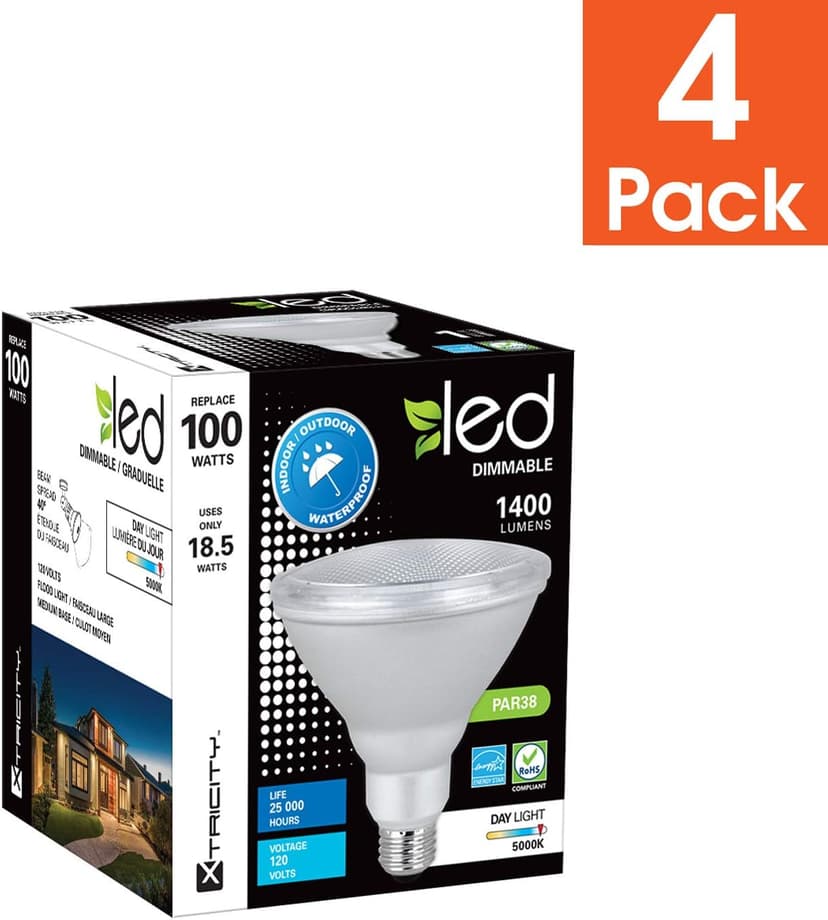 Xtricity LED PAR38 Dimmable Flood Light Bulb, 18.5W (100W Equivalent), Waterproof, 1400 Lumens, 5000k Day Light, 120V, Indoor/Outdoor, Energy Star Certified, UL Listed (4 Pack)