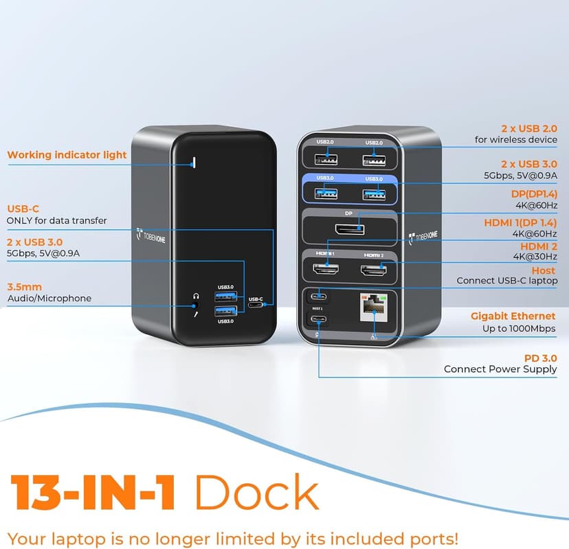 TobenONE Docking Station 3 Monitors, Laptop Docking Station with Power Supply 100W, 2 HDMI, DP, 7 USB C/A Port, Ethernet, Audio, 87W Charging for Thunderbolt 4/3, USB4, USB-C Windows&ChromeOS