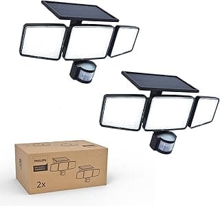 Philips Solar Security Light Outdoor 302 LED 1200lm，Solar-Powered Waterproof Wall-Mounted Flood Light w/PIR Motion Sensor, 3 Heads, IP65 Waterproof, 3 Modes (2 Packs)