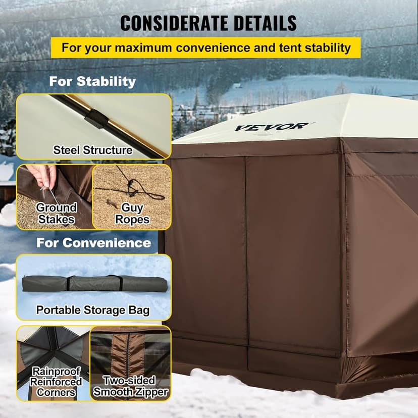 VEVOR Pop Up Gazebo Screen Tent 12 x 12 Ft, 6-Sided Camping Gazebo Instant Canopy Sun Shelter with 6 Removable Privacy Wind Cloths, Mosquito Netting, 300D Oxford Cloth for Patio, Backyard, Lawn